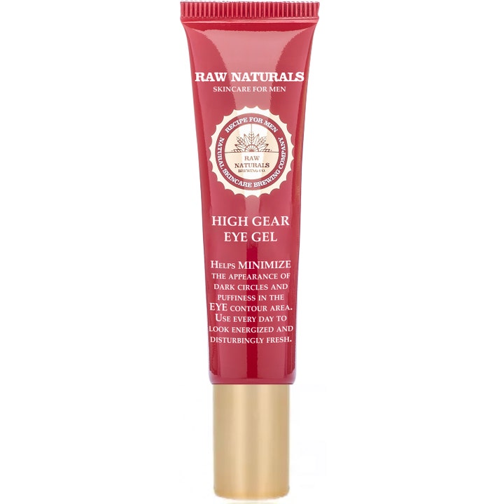 Raw Naturals High Gear Eye Gel 15ml oppfriskende øyegel mot mørke ringer i rød tube med gullfarget kork