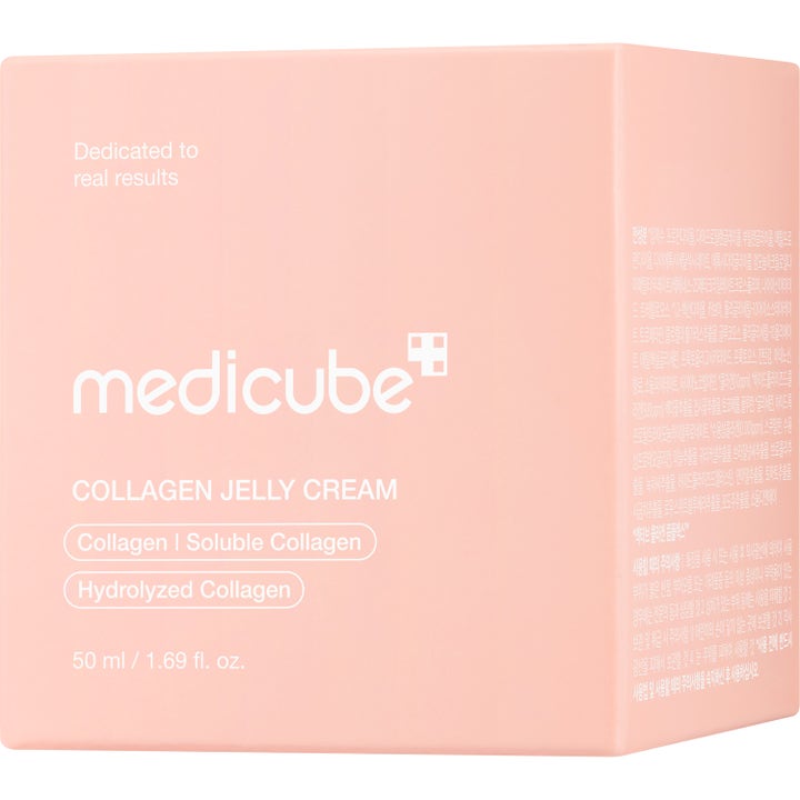 Medicube Collagen Jelly Cream 50 ml ansiktskrem i rosa eske med hvit tekst som inneholder hydrolysert kollagen.