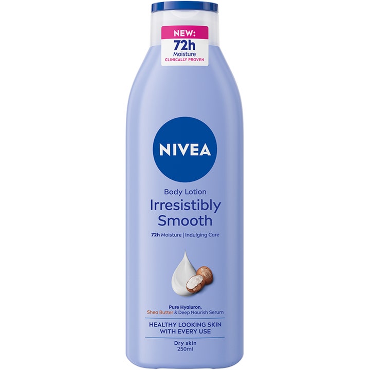 Nivea Irresistibly Smooth Body Lotion 250ml fuktgivende krem i lilla plastflaske med sheasmør og hvit kremdråpe