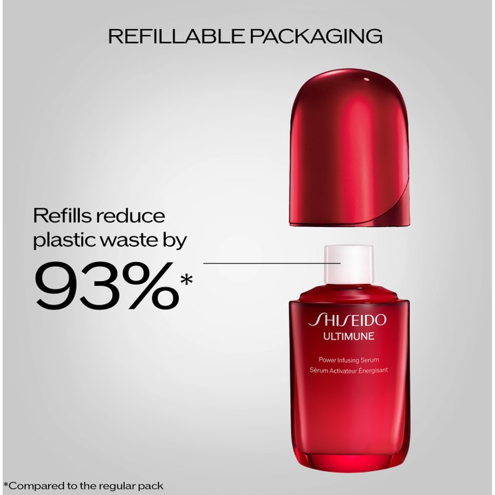 Shiseido Ultimune Power Infusing Concentrate 50 ml refill i rød glassflaske som reduserer plastavfall