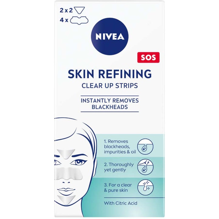 Nivea Skin Refining Clear Up Strips 6 stk porestrips mot hudormer i hvit eske med rød SOS-logo og ansiktsillustrasjon.