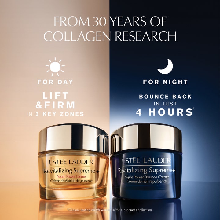 Estée Lauder Revitalizing Supreme + Night Power Bounce Creme 50 ml nattkräm i blå krukke ved siden av dagkrem.