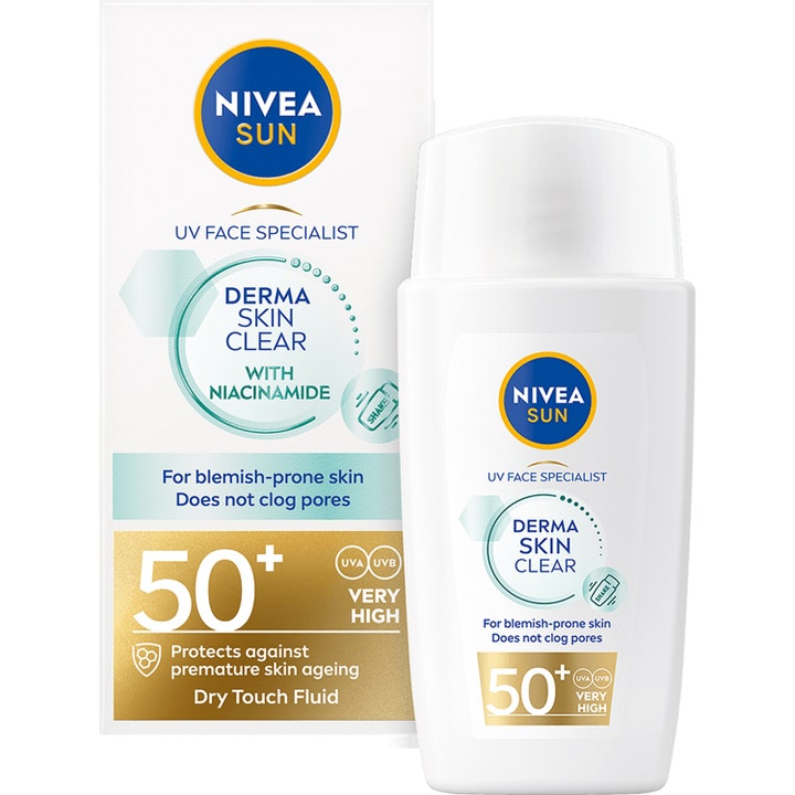 Nivea Sun Derma Skin Clear SPF 50+ solkrem med niacinamid i hvit plastflaske og tilhørende eske.