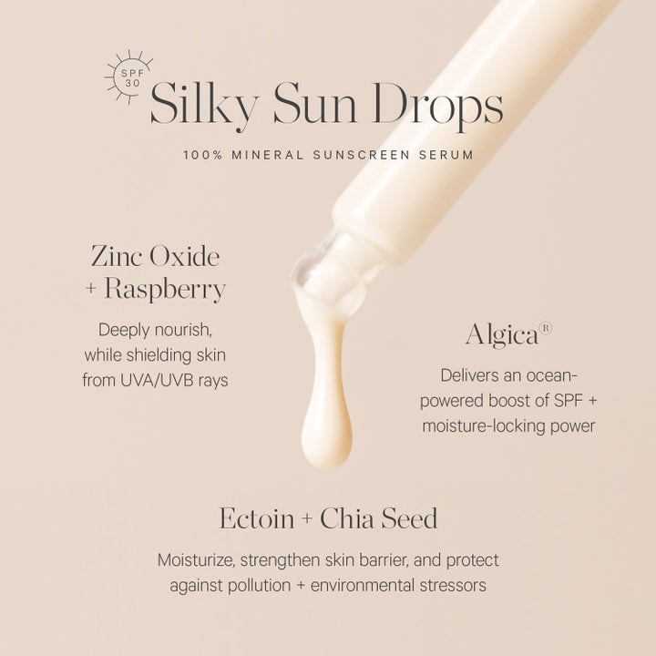KORA Organics Silky Sun Drops 30 ml mineralbasert solserum med SPF 30 og sinkoksid i en kremet dråpe fra pipette.