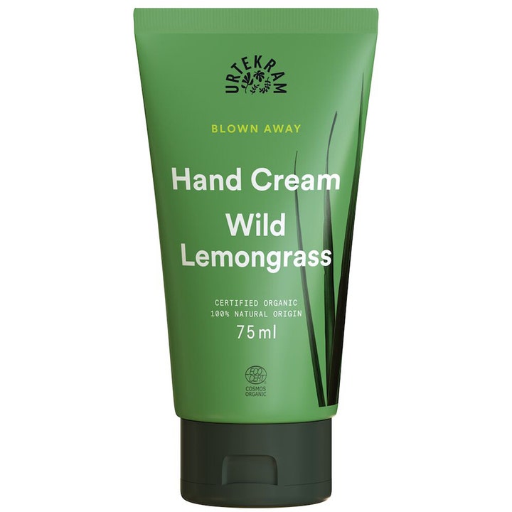 Urtekram Wild Lemongrass Hand Cream 75 ml pleiende håndkrem i grønn tube med sort lokk og illustrasjon av sitrongress