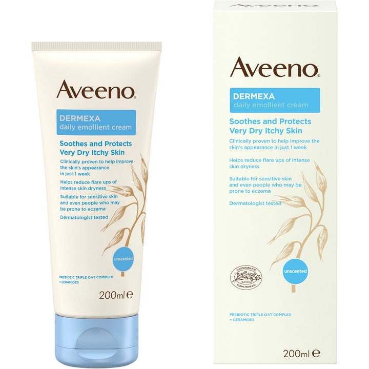 Aveeno Dermexa Daily Emollient Cream 200ml beroligende hudkrem i hvit tube med lyseblå kork og tilhørende eske