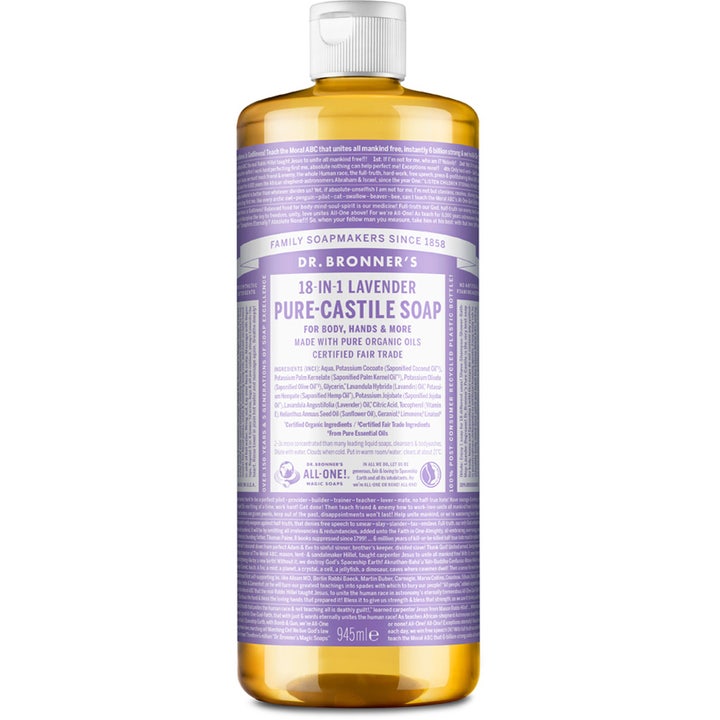 Dr. Bronner's 18-in-1 Lavender Pure-Castille Soap 945 ml økologisk såpe i klar flaske med lilla etikett