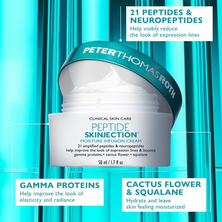 Peter Thomas Roth Peptide Skinjection 50 ml ansiktskrem med 21 peptider i hvit krukke med blått lokk og hvit tekstur.