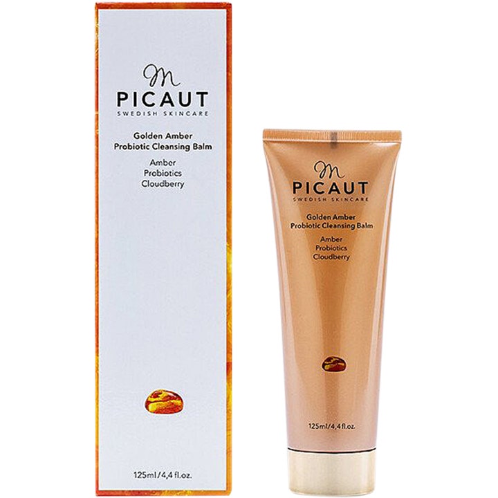 M Picaut Golden Amber Probiotic Cleansing Balm 125 ml pleiende ansiktsrengjøring i bronsefarget tube og hvit eske