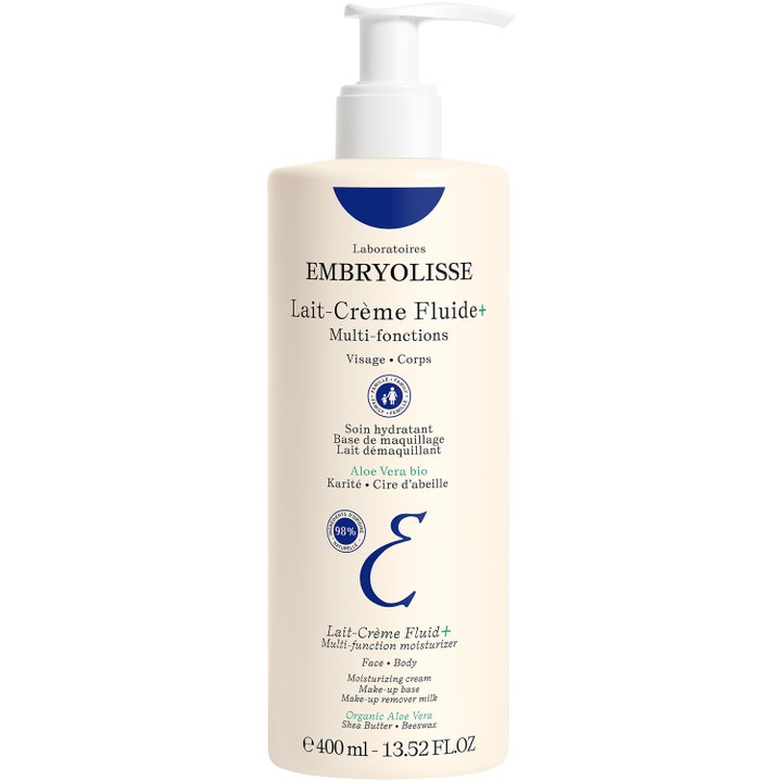 Embryolisse Lait-Crème Fluide+ 400 ml fuktighetsgivende krem for ansikt og kropp i beige flaske med hvit pumpe