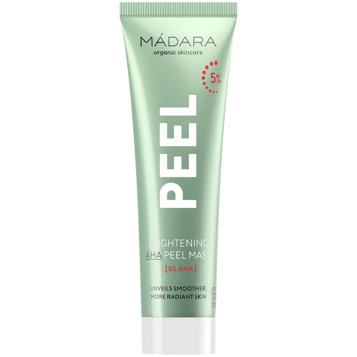 Mádara PEEL Brightening AHA Peel Mask eksfolierende ansiktsmaske i lysegrønn tube som gir huden ny glød