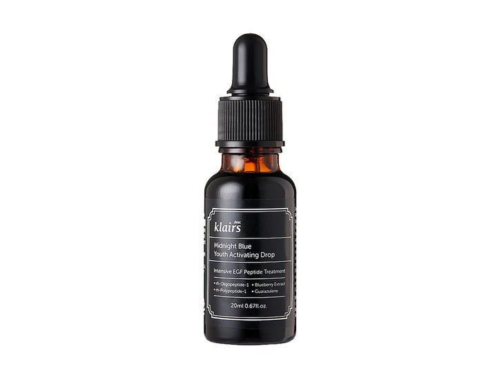 Klairs Midnight Blue Youth Activating Drop 20 ml peptidebehandling i mørk glassflaske med svart pipette og hvit tekst