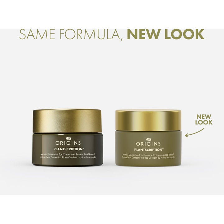 Origins Plantscription Eye Cream 15 ml mot rynker i ny og gammel krukke med gullokk og retinol.