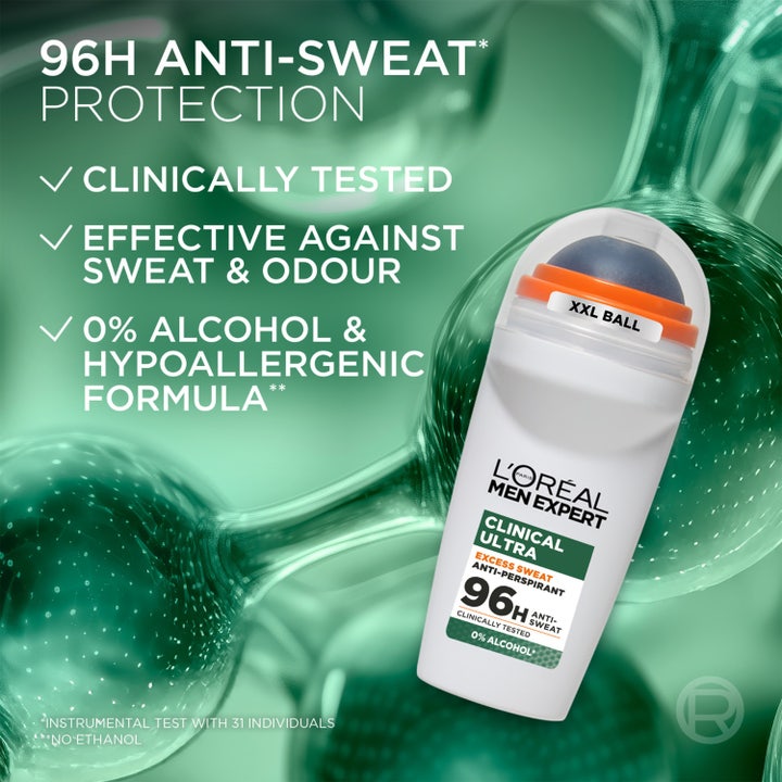 L'Oréal Paris Men Expert Derma Control 50 ml roll-on deodorant gir 96 timers beskyttelse mot svette med XXL-ball.