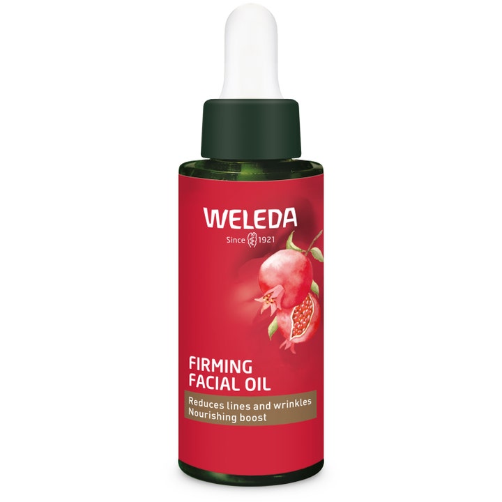 Weleda Firming Facial Oil 30 ml oppstrammende ansiktsolje i grønn glassflaske med hvit pipette og granateplemotiv
