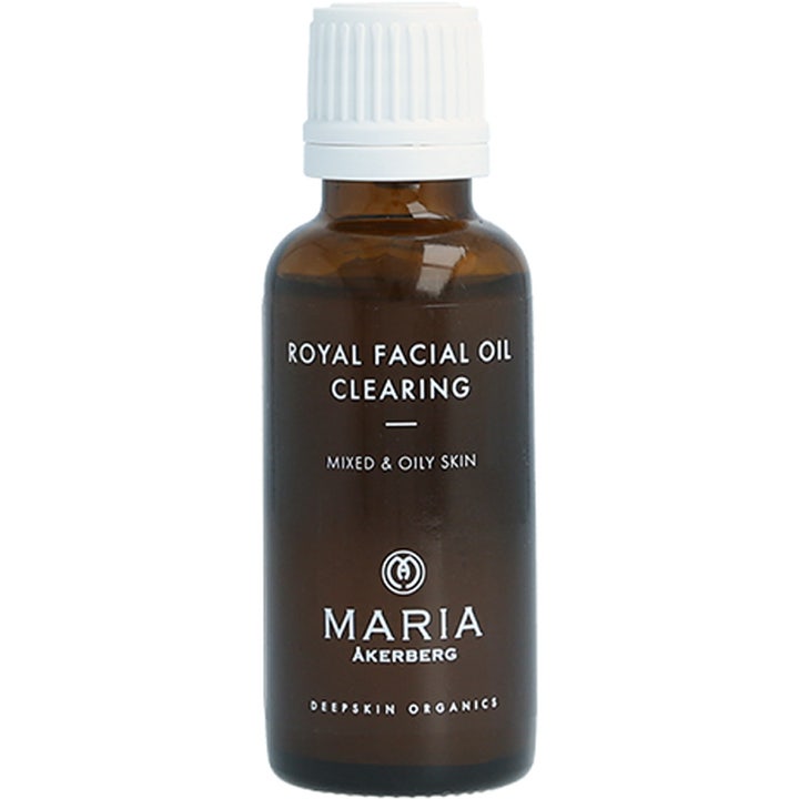Maria Åkerberg Royal Facial Oil Clearing 30 ml balanserer fet hud i en brun glassflaske med hvit skrukork.