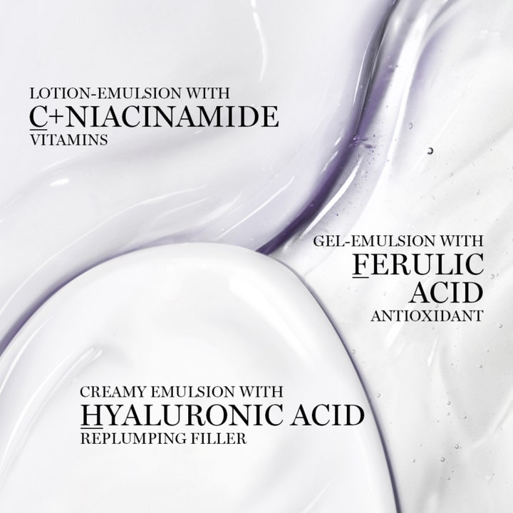 Lancôme Rénergie H.C.F. Triple Serum 50 ml viser tre teksturer med hyaluronsyre og vitamin C for fuktighet og glød