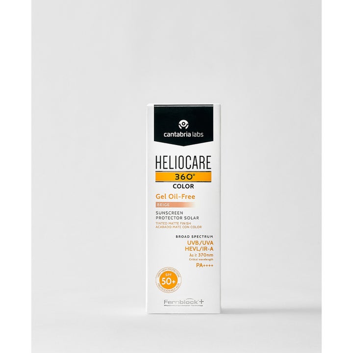 Heliocare 360 Color Gel Oil-Free SPF 50+ Beige 50 ml solkrem gir matt finish i hvit eske med oransje detaljer.
