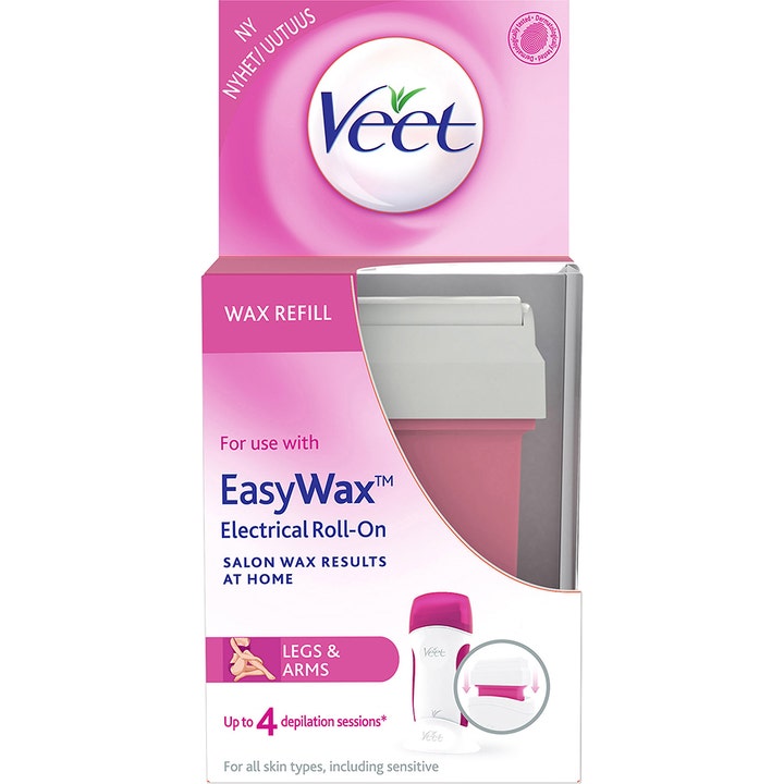 Veet EasyWax Electrical Roll-On Wax Refill 50 ml hårfjerning i rosa emballasje med synlig refillpatron