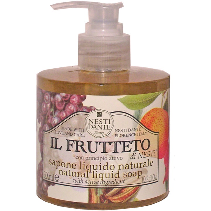 Nesti Dante Il Frutteto 300 ml naturlig flytende såpe som gir ren hud i gjennomsiktig pumpeflaske med fruktillustrasjoner