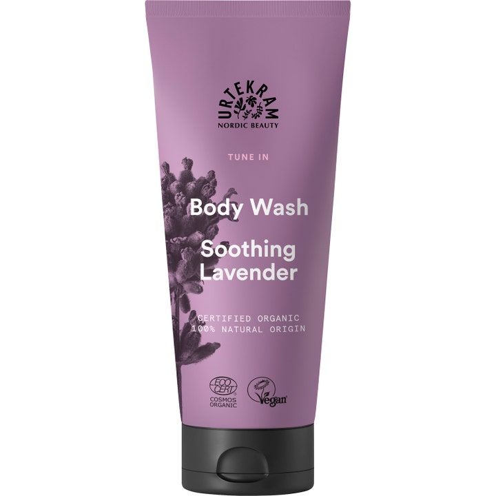 Urtekram Tune In Soothing Lavender Body Wash 200 ml beroligende dusjsåpe i lilla tube med lavendelmotiv og sort kork.