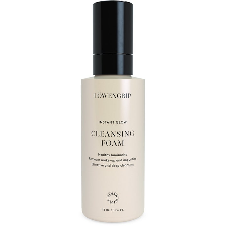 Löwengrip Instant Glow Cleansing Foam 150 ml dyprensende skum som gir glød i beige flaske med stilrent svart lokk.