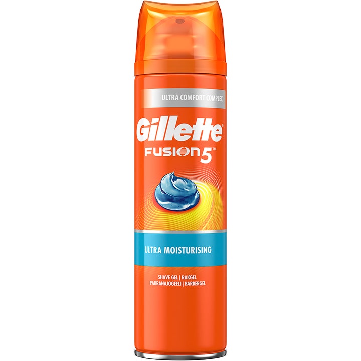 Gillette Fusion5 Ultra Moisturising barbergel som gir fuktighet i oransje sprayflaske med blå gel-illustrasjon.