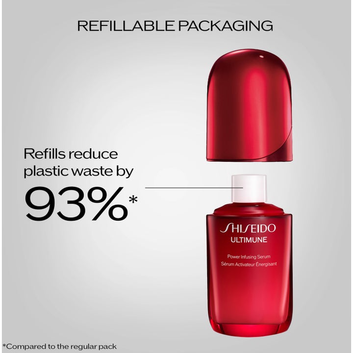 Shiseido Ultimune Power Infusing Concentrate 75 ml serum i rød flaske omgitt av ginkgoblad og reishi-sopp