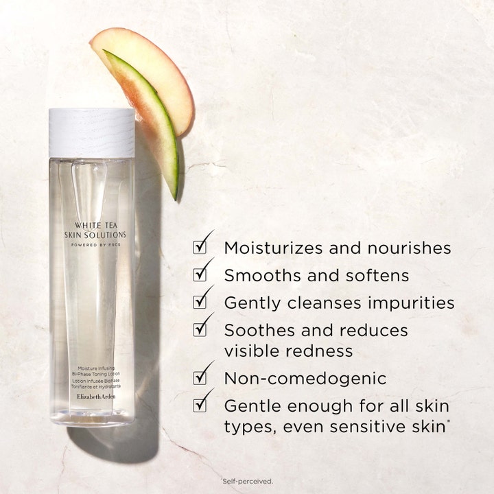 Elizabeth Arden White Tea Skin Solutions 200 ml fuktighetsgivende toner i flaske med hvit kork og eplebåt.