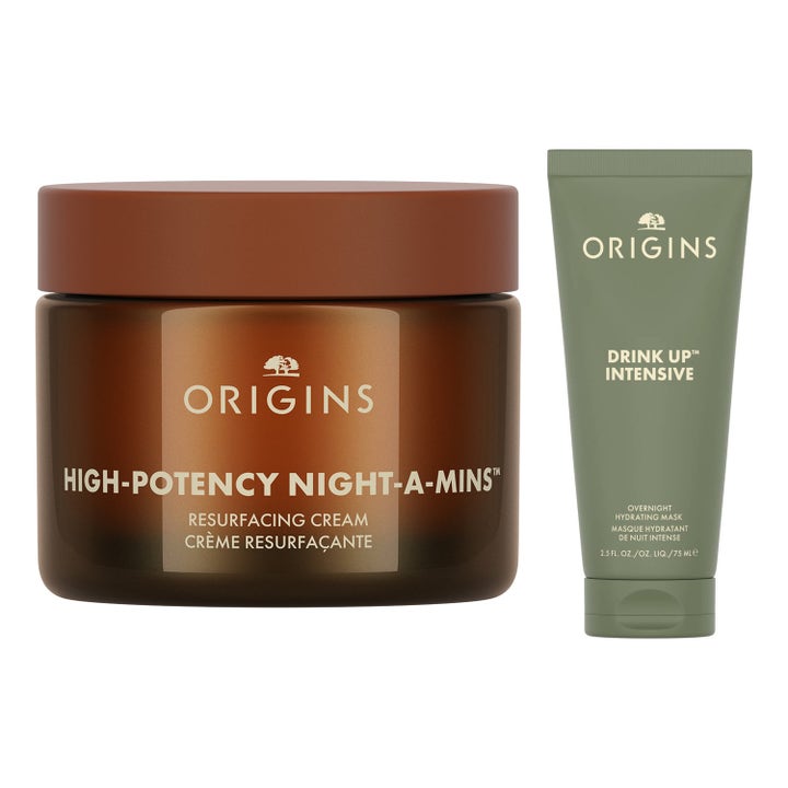 Origins High-Potency Night-A-Mins og Drink Up Intensive 75 ml nattpleie i brun glasskrukke og olivengrønn tube