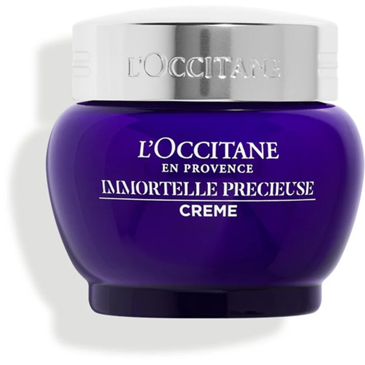 L'Occitane Immortelle Precieuse Creme 50ml glødgivende ansiktskrem i en dyp blå glasskrukke med sølvfarget lokk