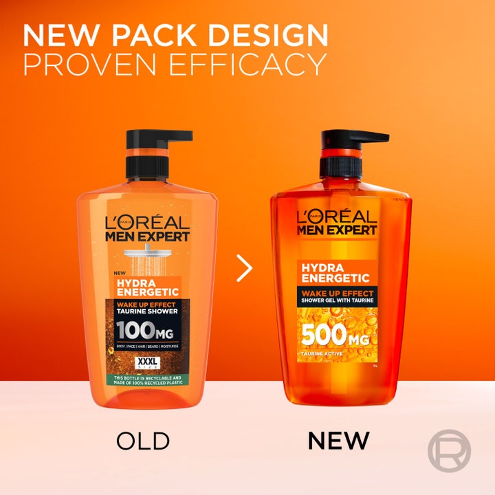 L'Oréal Paris Men Expert Hydra Energetic Shower Gel 1000 ml oppfriskende dusjsåpe i oransje pumpeflaske med en mann.