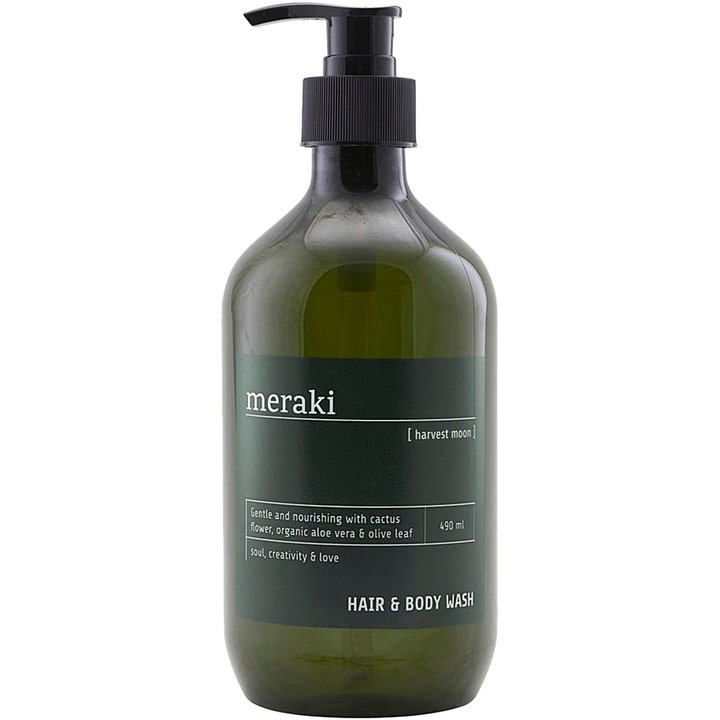 Meraki Harvest Moon 490 ml Hair & Body Wash gir næring i en mørkegrønn pumpeflaske med sort pumpe.