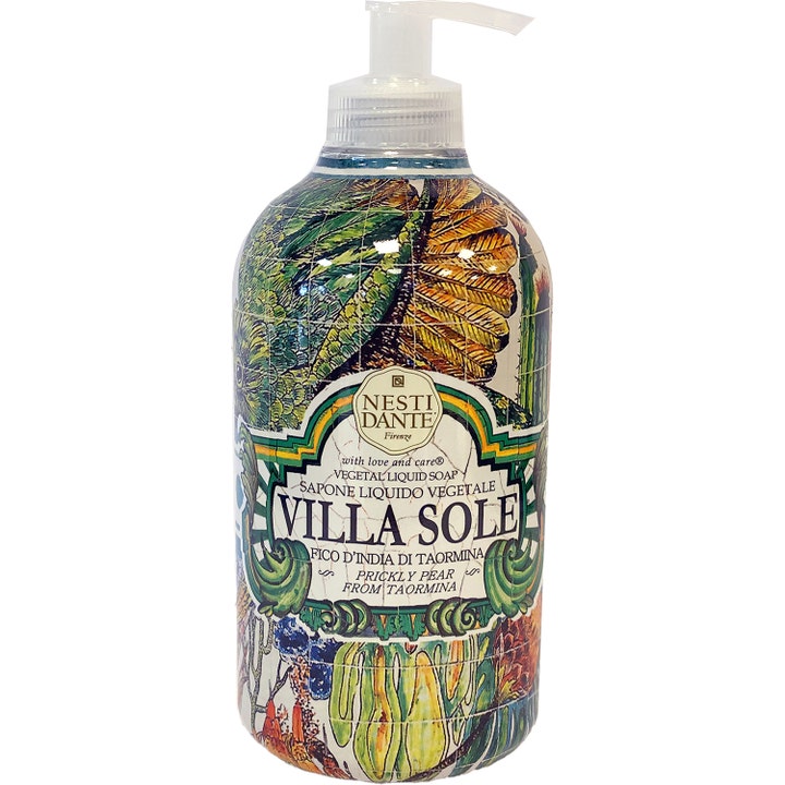 Nesti Dante Villa Sole Prickly Pear 500 ml flytende såpe i dekorert pumpeflaske med fargerike illustrasjoner