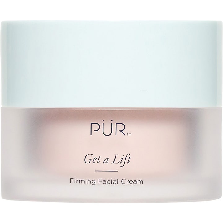 PÜR Get a Lift Firming Facial Cream 60g oppstrammende ansiktskrem i en frostet glasskrukke med lyseblått lokk