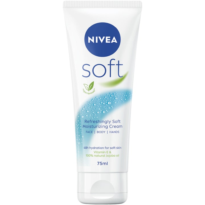 NIVEA Soft 75 ml fuktighetskrem i hvit tube med blått design som gir myk hud med jojobaolje og vitamin E.