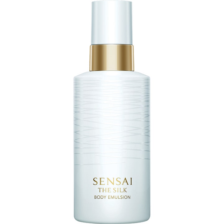 Sensai The Silk Body Emulsion 200ml fuktighetsgivende kroppskrem i hvit strukturert flaske med elegant gullkrage.