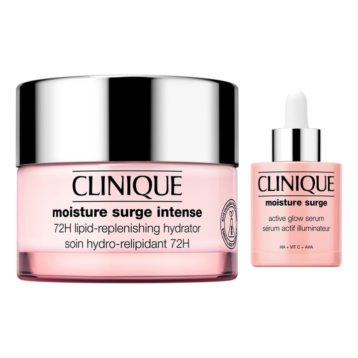 Clinique Moisture Surge Intense og Active Glow Serum fuktgivende duo gir glød i rosa krukke og flaske med sølvlokk