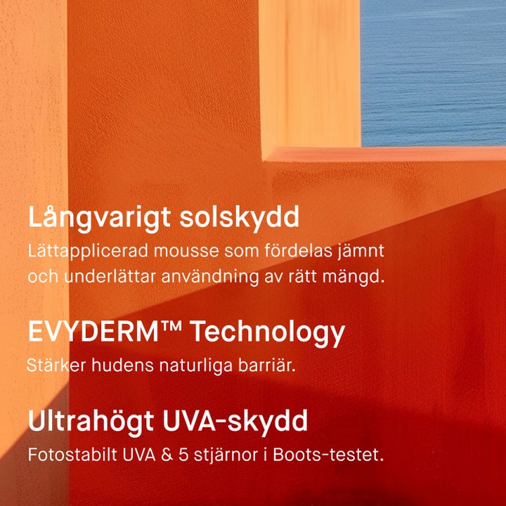 EVY Technology Sunscreen Mousse SPF20 150 ml solkrem med tekst om 5 stjerner i Boots Rating test på oransje bakgrunn.