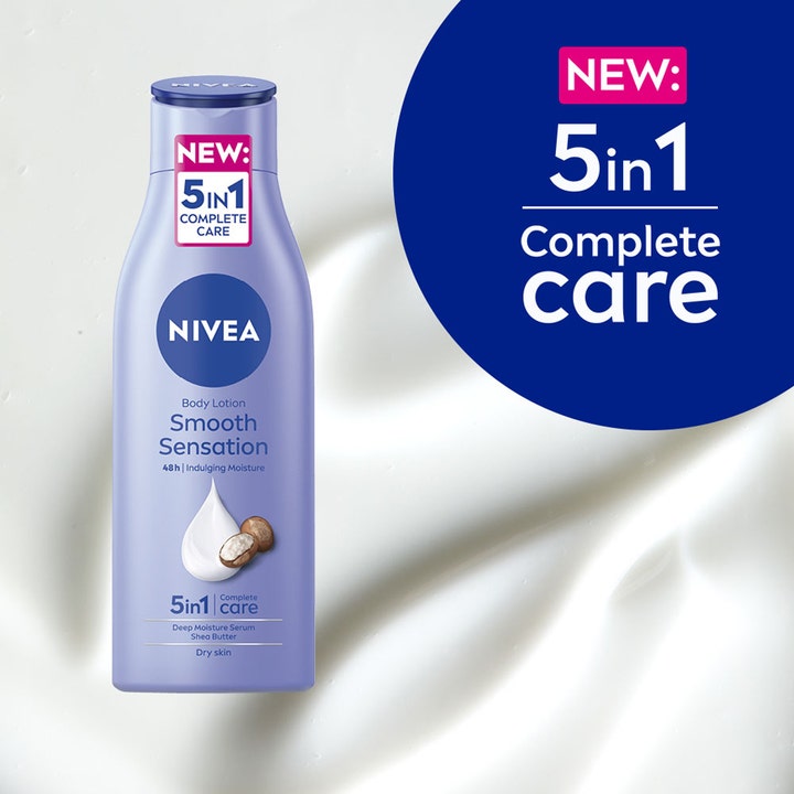 NIVEA Smooth Caring Lotion 250 ml fuktighetsgivende body lotion med sheasmør mot tørr hud og 5in1 Complete Care