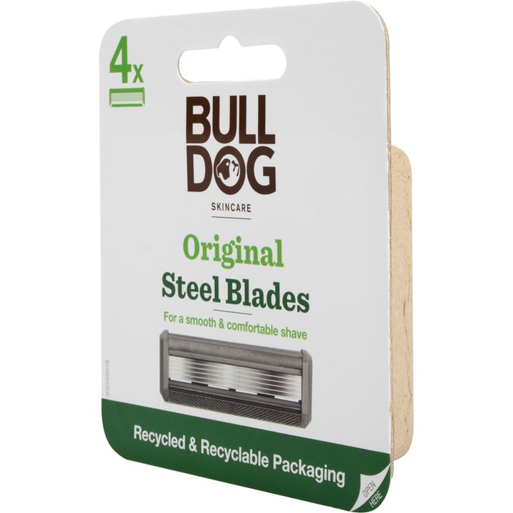 Bulldog Original Steel Blades 4 stk barberblad for glatt barbering i hvit og grønn resirkulert emballasje