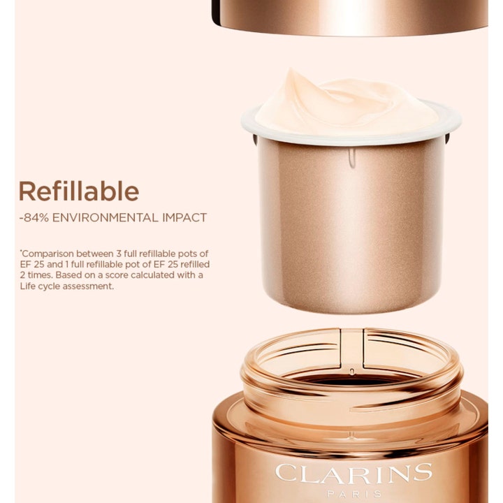 Clarins Extra-Firming Jour 50 ml dagkrem glatter ut rynker i en refillbar krukke merket Refillable.