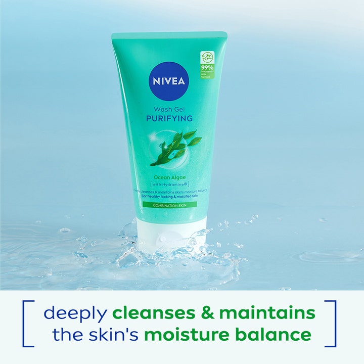 NIVEA Wash Gel Purifying 150 ml dyprensende ansiktsgel i turkis tube med havgress i friskt vannsprut