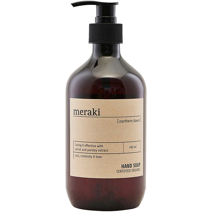 Meraki Northern Dawn 490 ml pleiende håndsåpe i brun flaske med svart pumpe og beige etikett
