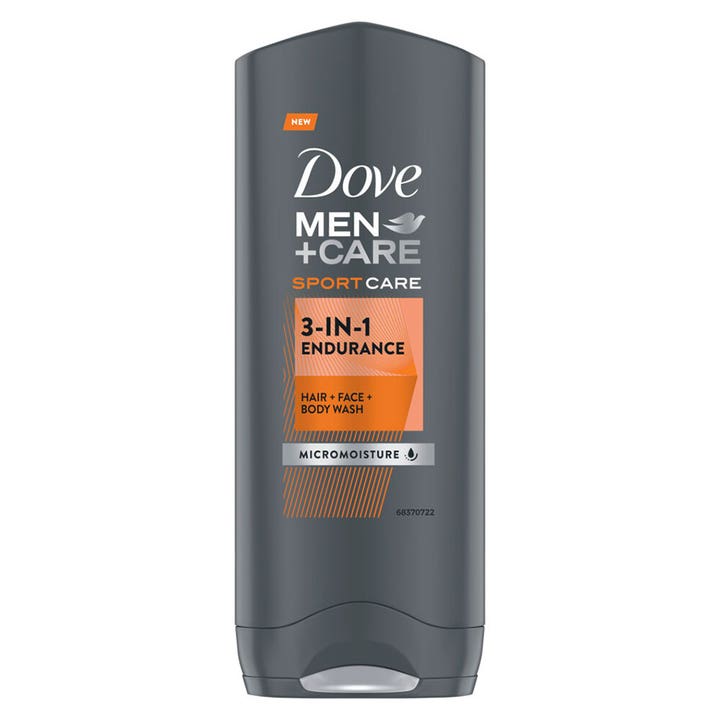 Dove Men+Care Sport Care Endurance 3-in-1 dusjsåpe i grå plastflaske med oransje detaljer
