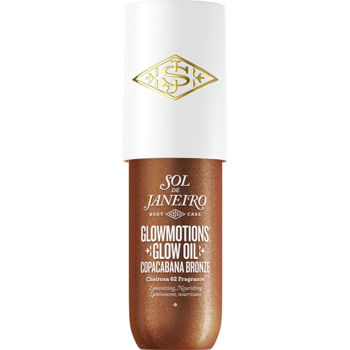 Sol de Janeiro Glowmotions Glow Oil Copacabana Bronze 30 ml skimrende kroppsolje i flaske med hvit kork og gulllogo.