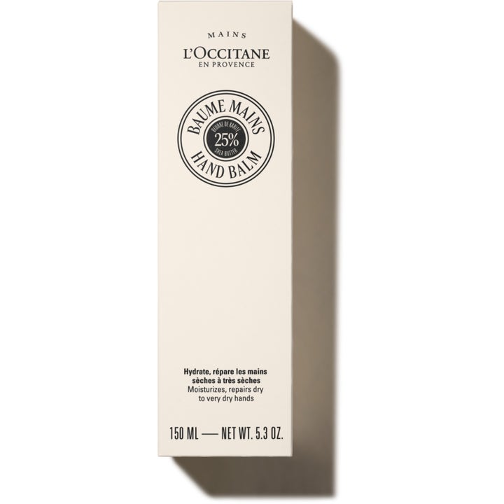 L'Occitane en Provence Shea Butter Hand Balm 150 ml nærende håndkrem i hvit eske med 25% shea butter-logo.