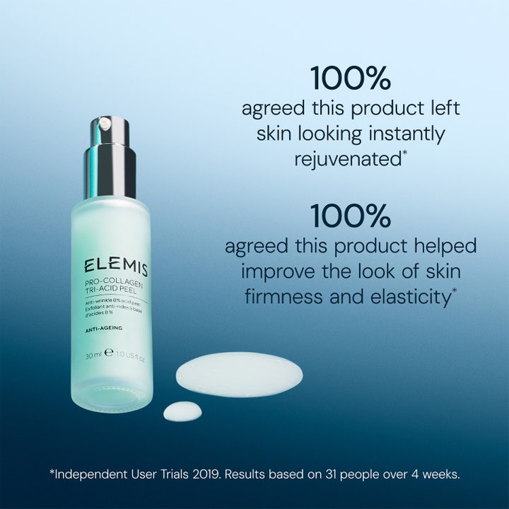 Elemis Pro-Collagen Tri-Acid Peel 30 ml eksfolierende peeling i glassflaske med pumpe og hvit tekstur.
