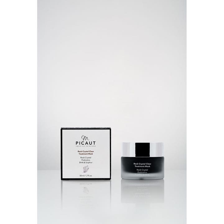 M Picaut Rock Crystal Clear Treatment Mask 50 ml ansiktsmaske i sort frostet krukke med sølvlokk og hvit eske.