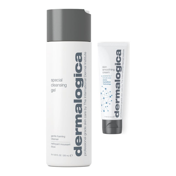 Dermalogica Special Cleansing Gel og Skin Smoothing Cream sett for fuktighet i hvit flaske og tube